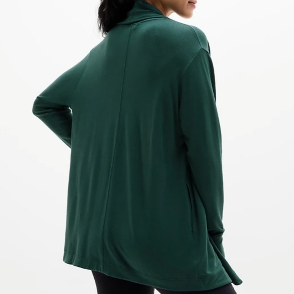 ATHLETA PRANAYAMA RESTORE WRAP NIRVANA FABRIC OPEN CARDIGAN PINE FOREST GREEN SP